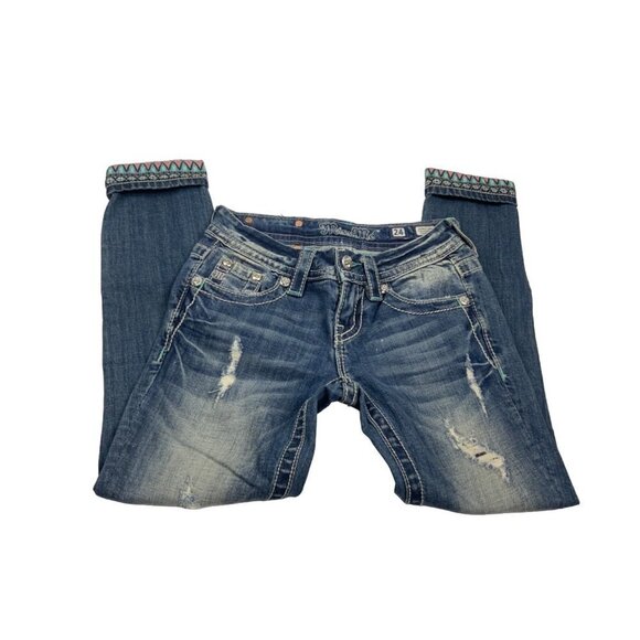 Miss Me Cropped Jeans Sz 24 Aztec Embroidered Cuff Bling Pockets - Picture 3 of 5